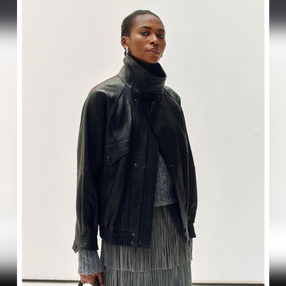Brand New High-Collar Black Leather Bomber Jacket
